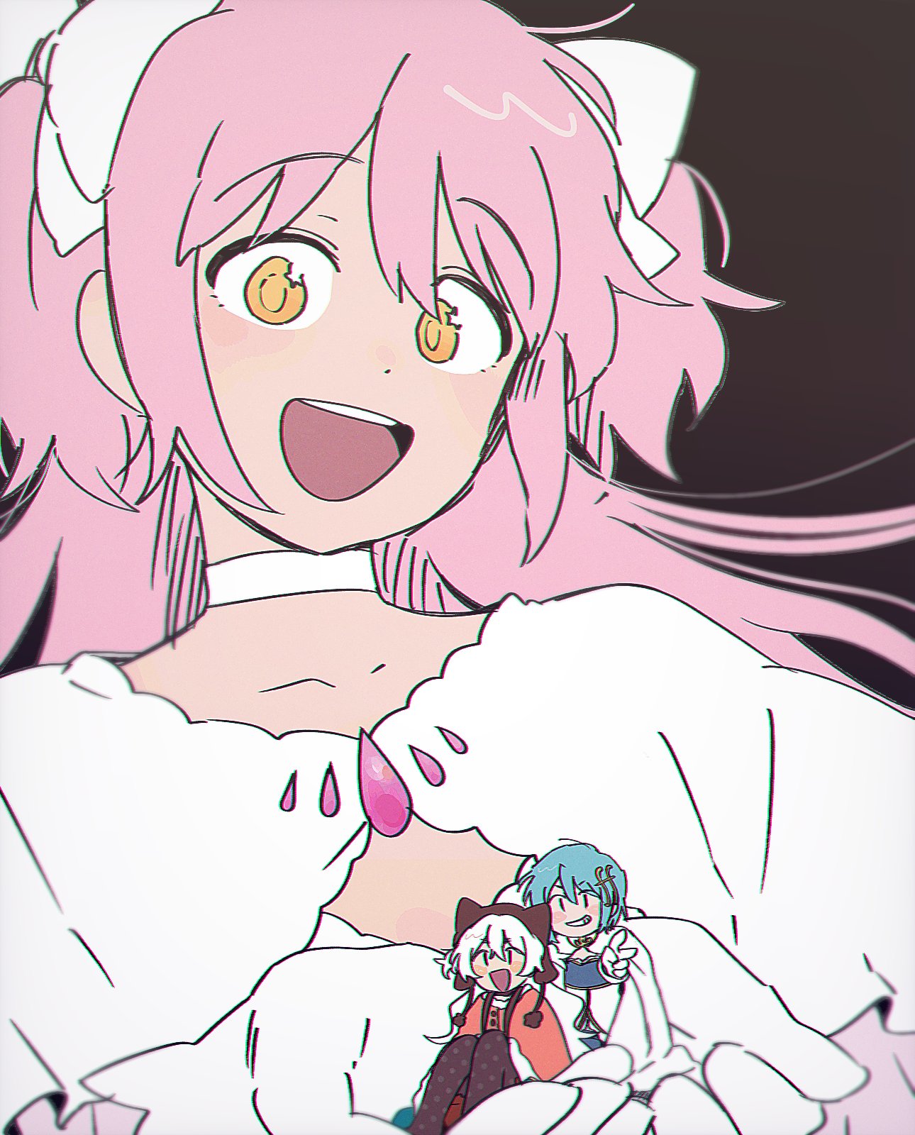 3girls, 89_(_26_mmm_), animal_ears, beanie, black_background, blue_hair, blush_stickers, brown_legwear, cape, capelet, choker, clothing_cutout, collarbone, cupping_hands, dot_nose, eyebrows_visible_through_hair, fake_animal_ears, floating_hair, fortissimo, fortissimo_hair_ornament, giant, giantess, gloves, goddess_madoka, grin, hair_ornament, hair_ribbon, hairclip, hands_up, hat, highres, holding, kaname_madoka, knees_together_feet_apart, light_blush, long_hair, looking_at_viewer, magia_record:_mahou_shoujo_madoka_magica_gaiden, mahou_shoujo_madoka_magica, miki_sayaka, minigirl, momoe_nagisa, multiple_girls, no_nose, open_mouth, orange_capelet, pantyhose, pink_hair, polka_dot, polka_dot_legwear, pom_pom_(clothes), ribbon, shiny, shiny_hair, short_hair, simple_background, smile, solid_oval_eyes, tareme, teeth, two_side_up, upper_teeth, v, very_long_hair, white_cape, white_choker, white_gloves, white_hair, white_ribbon, wide-eyed, wide_sleeves, yellow_eyes