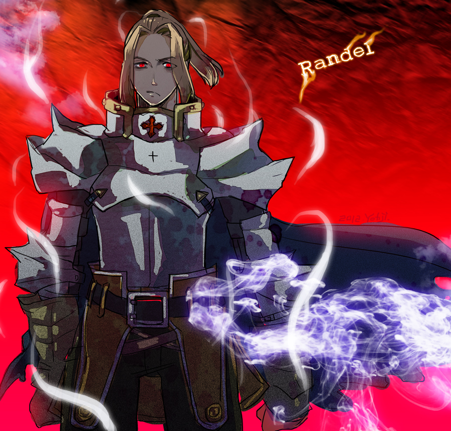 1boy, armor, aura, belt, bio_lab, black_belt, blood, bloody_clothes, blue_cape, breastplate, brown_hair, cape, character_name, closed_mouth, commentary_request, cowboy_shot, cross, dated, eyes_visible_through_hair, gauntlets, hair_intakes, high_ponytail, leg_armor, looking_at_viewer, male_focus, medium_hair, paladin_(ragnarok_online), pauldrons, ragnarok_online, randel_lawrence, red_background, red_eyes, reload9_yohji, shoulder_armor, signature, solo