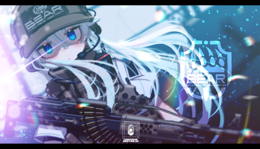 1girl, abstract_background, absurdres, ammunition_belt, bangs, blue_eyes, brown_gloves, brown_headwear
