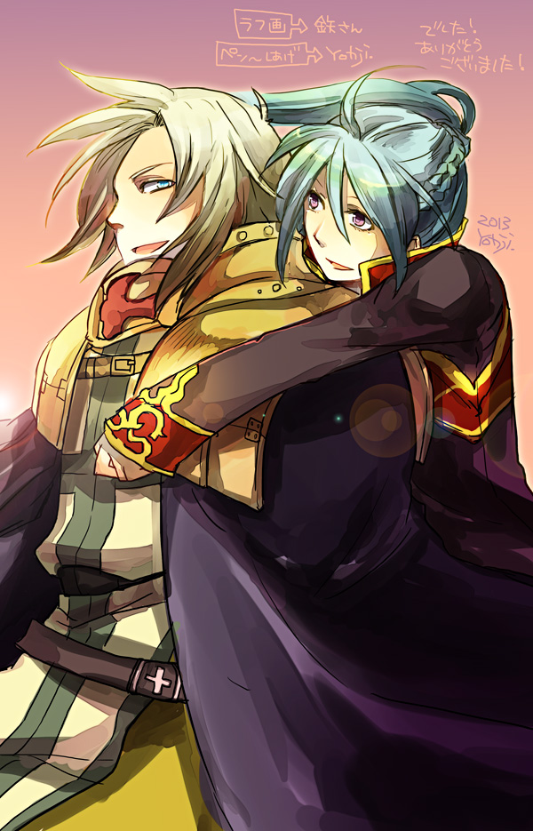 2boys, armor, bangs, black_coat, blonde_hair, blue_cape, blue_eyes, blue_hair