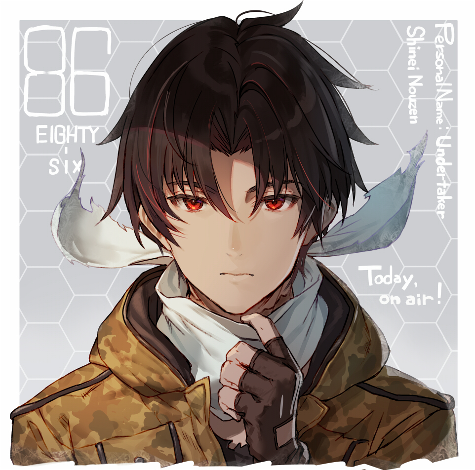 1boy, 86_-eightysix-, brown_hair, camouflage_print, copyright_name, english_text, fingerless_gloves, gloves