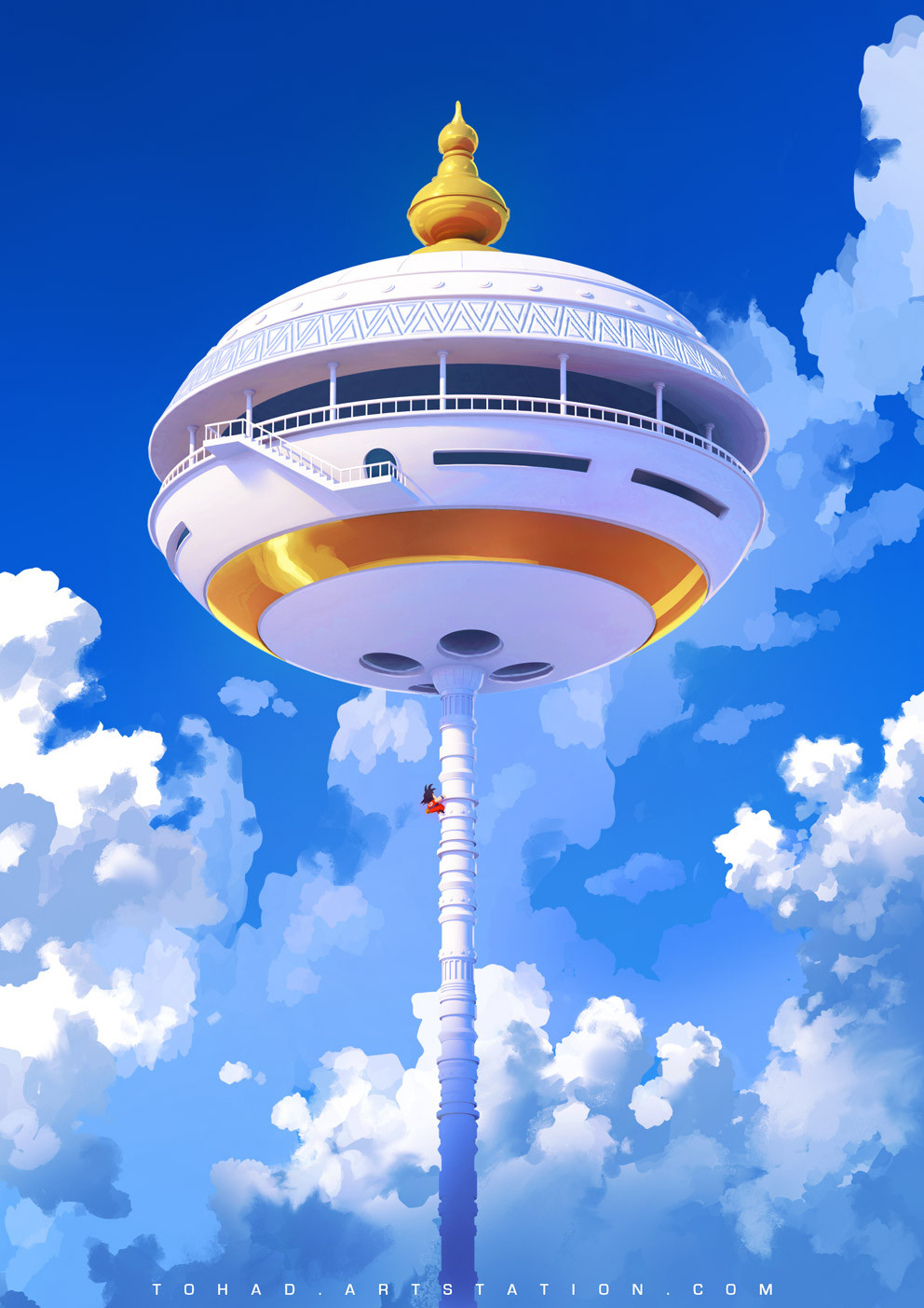 1boy, black_hair, blue_sky, climbing, clouds, cloudy_sky, commentary, dome