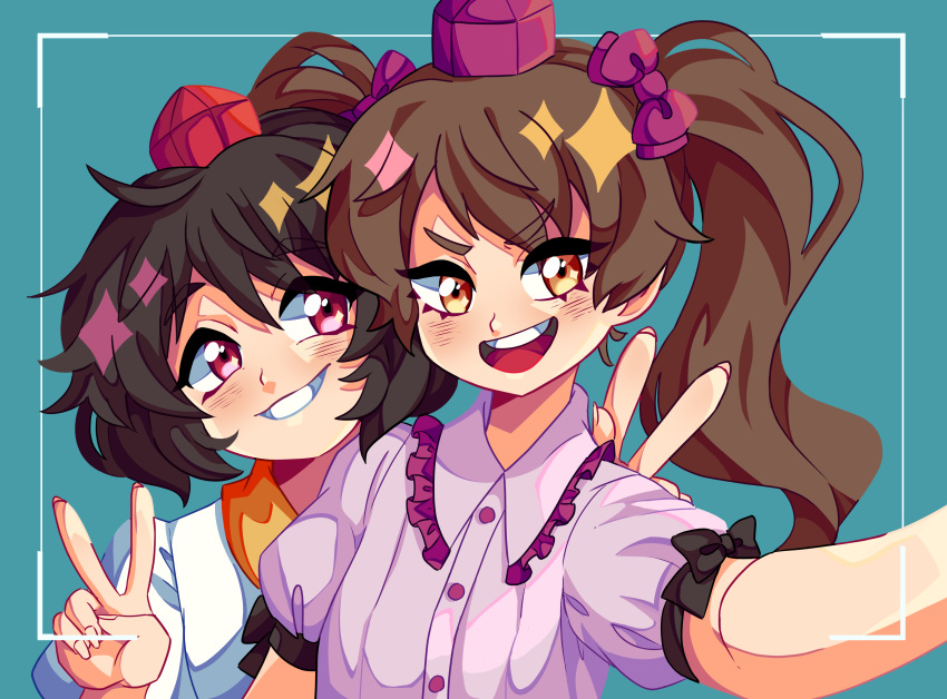 2girls, absurdres, black_hair, blush, bow, brown_eyes, brown_hair, buttons