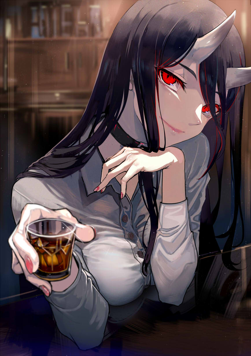 1girl, abyssal_ship, alcohol, alternate_costume, bangs, battleship_princess, black_collar, breasts, collar, cup, drinking_glass, elbow_rest, eyelashes, hair_between_eyes, head_rest, highres, holding, holding_cup, horns, indoors, kantai_collection, large_breasts, lips, long_hair, looking_at_viewer, nail_polish, pale_skin, pink_nails, red_eyes, shirt, shot_glass, smile, solo, sparkle, walzrj, white_shirt
