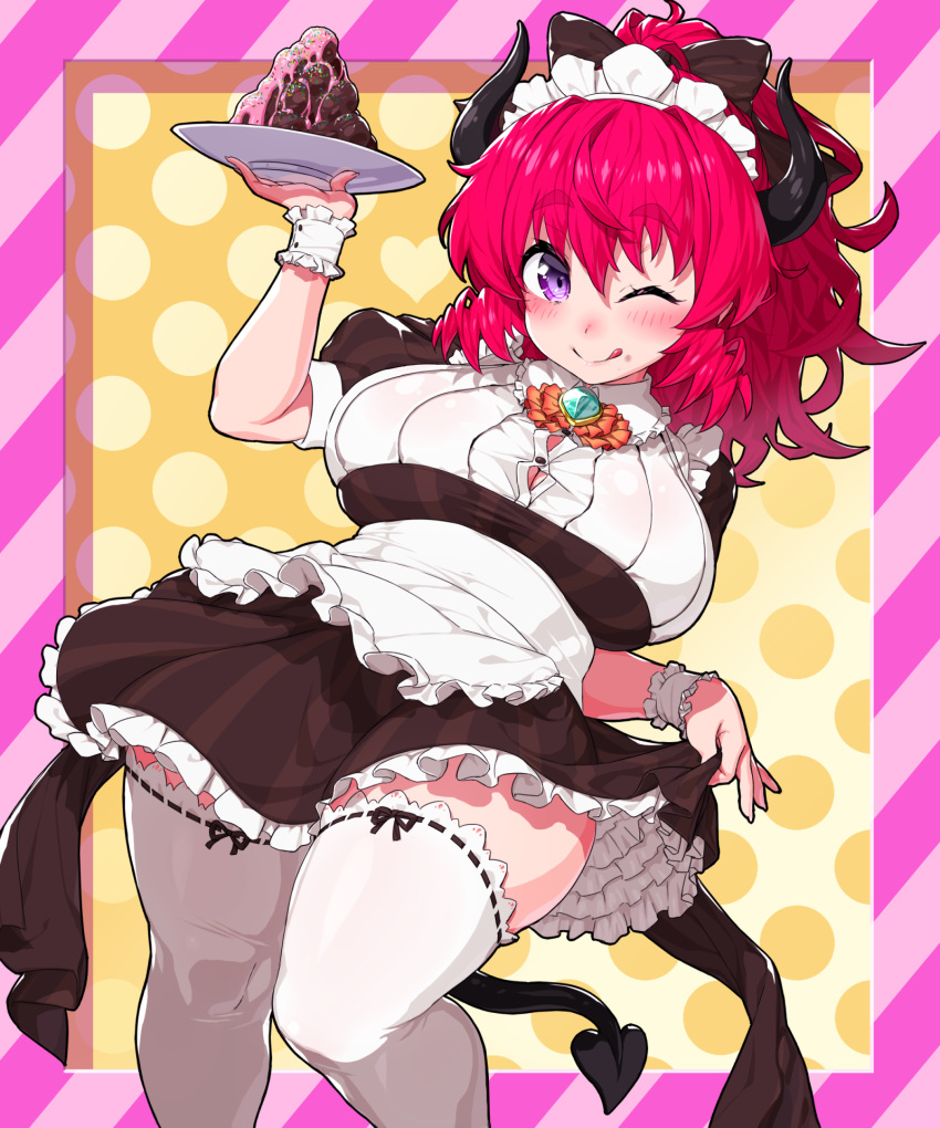 1girl, alma_(onsoku_inu), alternate_costume, apron, bangs, black_bow, black_dress, black_horns