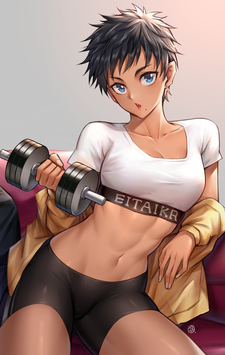 bangs, bike_shorts, black_hair, black_shorts, blue_eyes, blush, breasts, clothes_writing