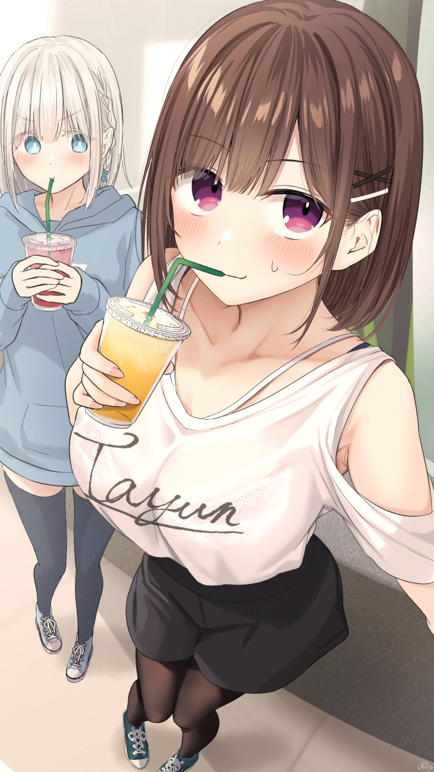 ..., 2girls, ?, armpit_peek, bangs, black_legwear, black_skirt, blood