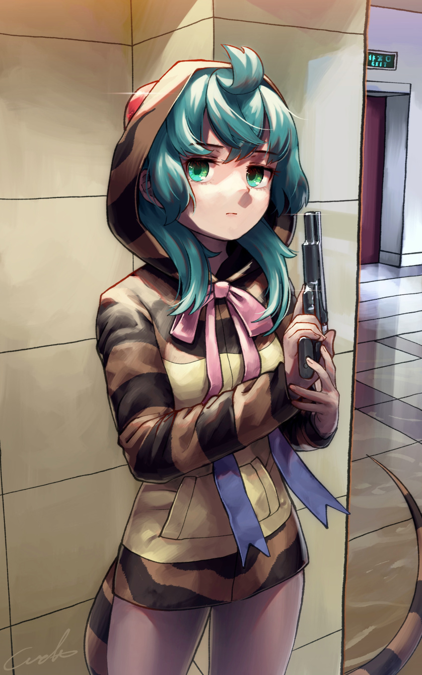 1girl, absurdres, bangs, commentary_request, cowboy_shot, emergency_exit, exit_sign, expressionless, eyebrows_visible_through_hair, green_eyes, green_hair, gun, handgun, highres, holding, holding_gun, holding_weapon, hood, hood_up, hoodie, indoors, kemono_friends, long_hair, long_sleeves, looking_at_viewer, neck_ribbon, ribbon, signature, snake_tail, solo, striped, striped_hoodie, striped_tail, tail, tsuchinoko_(kemono_friends), weapon, welt_(kinsei_koutenkyoku)