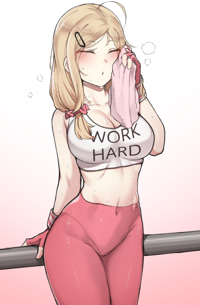 1girl, ahoge, breasts, closed_eyes, clothes_writing, crop_top, english_text, fingerless_gloves