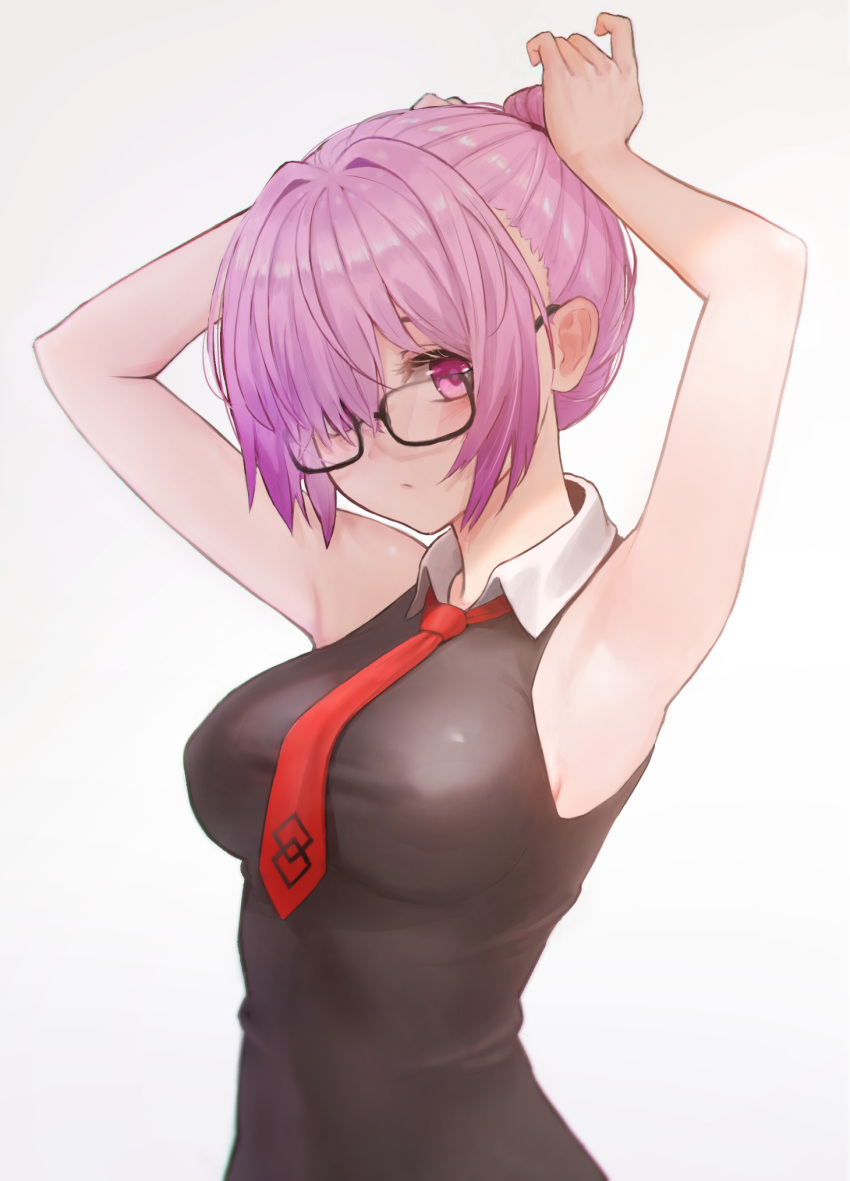 1girl, alternate_hairstyle, armpits, arms_up, black-framed_eyewear, black_dress, blush, breasts