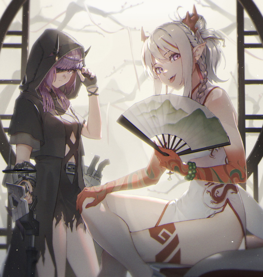 2girls, arknights, blindfold, china_dress, chinese_clothes, demon_girl, demon_horns, dress