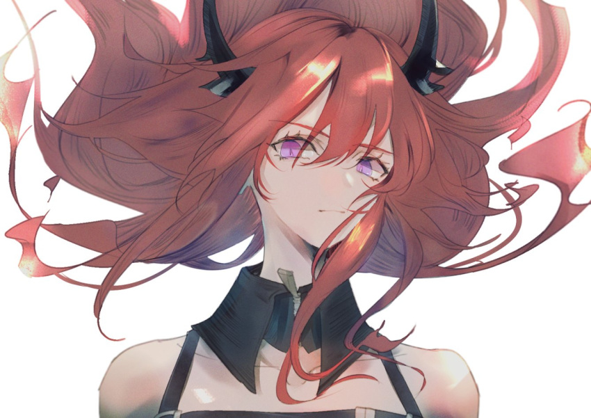 1girl, arknights, bare_shoulders, demon_girl, demon_horns, e44ari9, floating_hair, horns, long_hair, looking_at_viewer, redhead, slit_pupils, solo, surtr_(arknights), violet_eyes