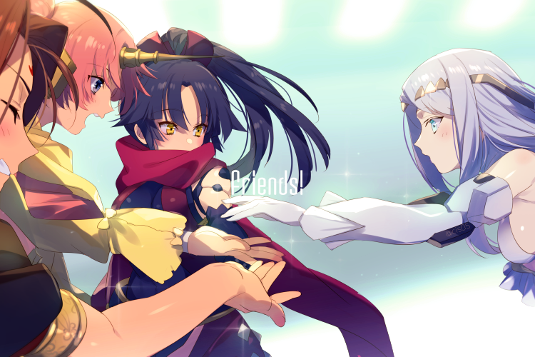 4girls, bangs, bare_shoulders, bikini, black_hair, blue_eyes, blush, breasts