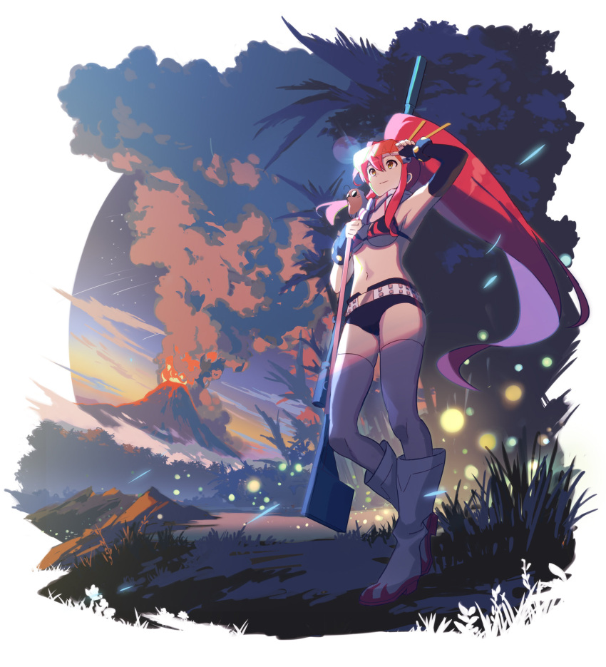 1girl, arm_up, armpits, belt, bikini, bikini_top, black_gloves, black_shorts, boota_(ttgl), boots, breasts, closed_mouth, creature, creature_on_shoulder, day, elbow_gloves, eruption, fingerless_gloves, full_body, gloves, goggles, goggles_on_head, gun, hair_ornament, high_ponytail, highres, knee_boots, lens_flare, long_hair, looking_afar, medium_breasts, misossu, navel, on_shoulder, outdoors, pink_legwear, pink_scarf, redhead, rifle, scarf, short_shorts, shorts, sidelocks, skull_hair_ornament, smile, smoke, sniper_rifle, solo, standing, stomach, studded_belt, swimsuit, tengen_toppa_gurren_lagann, thigh-highs, two-tone_bikini, under_boob, very_long_hair, volcano, weapon, white_footwear, yellow_eyes, yoko_littner