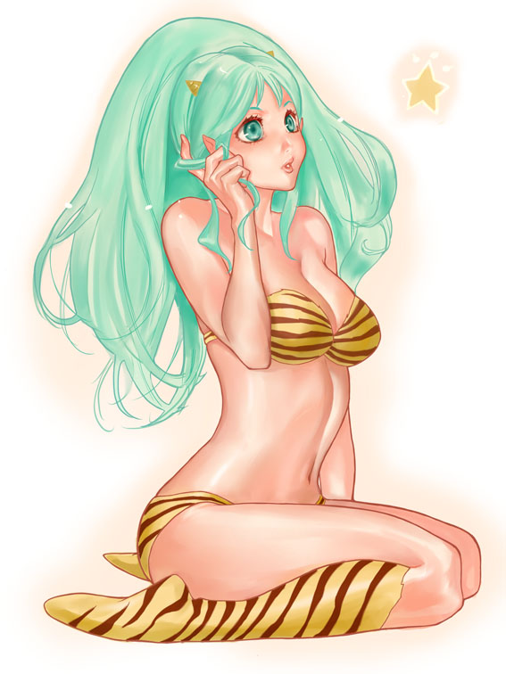 aqua_hair, bikini, horns, long_hair, lum, mophat, oni, sakakibara_mizuki