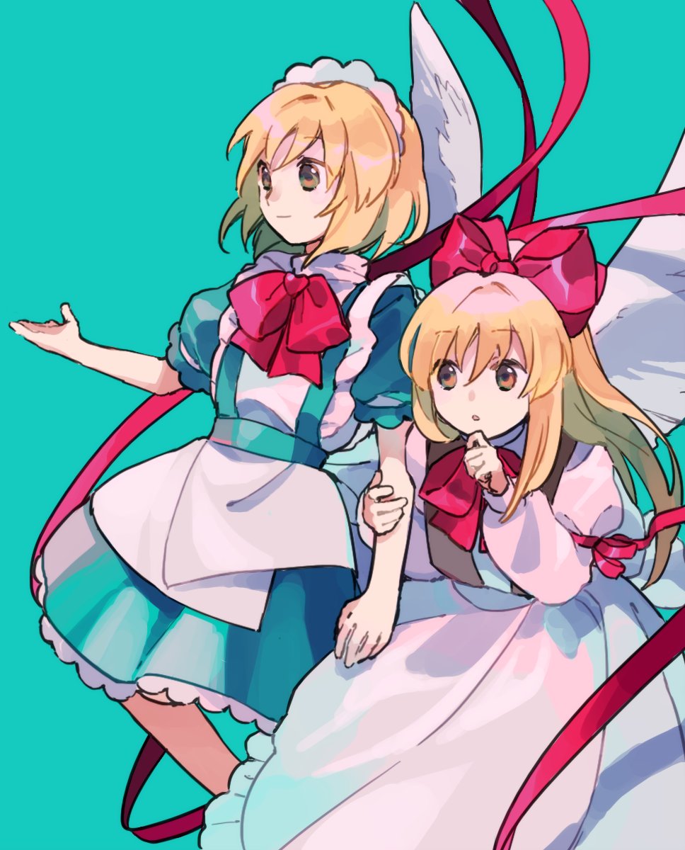 2girls, apron, aqua_background, arm_at_side, arm_ribbon, bangs, blonde_hair, blue_dress