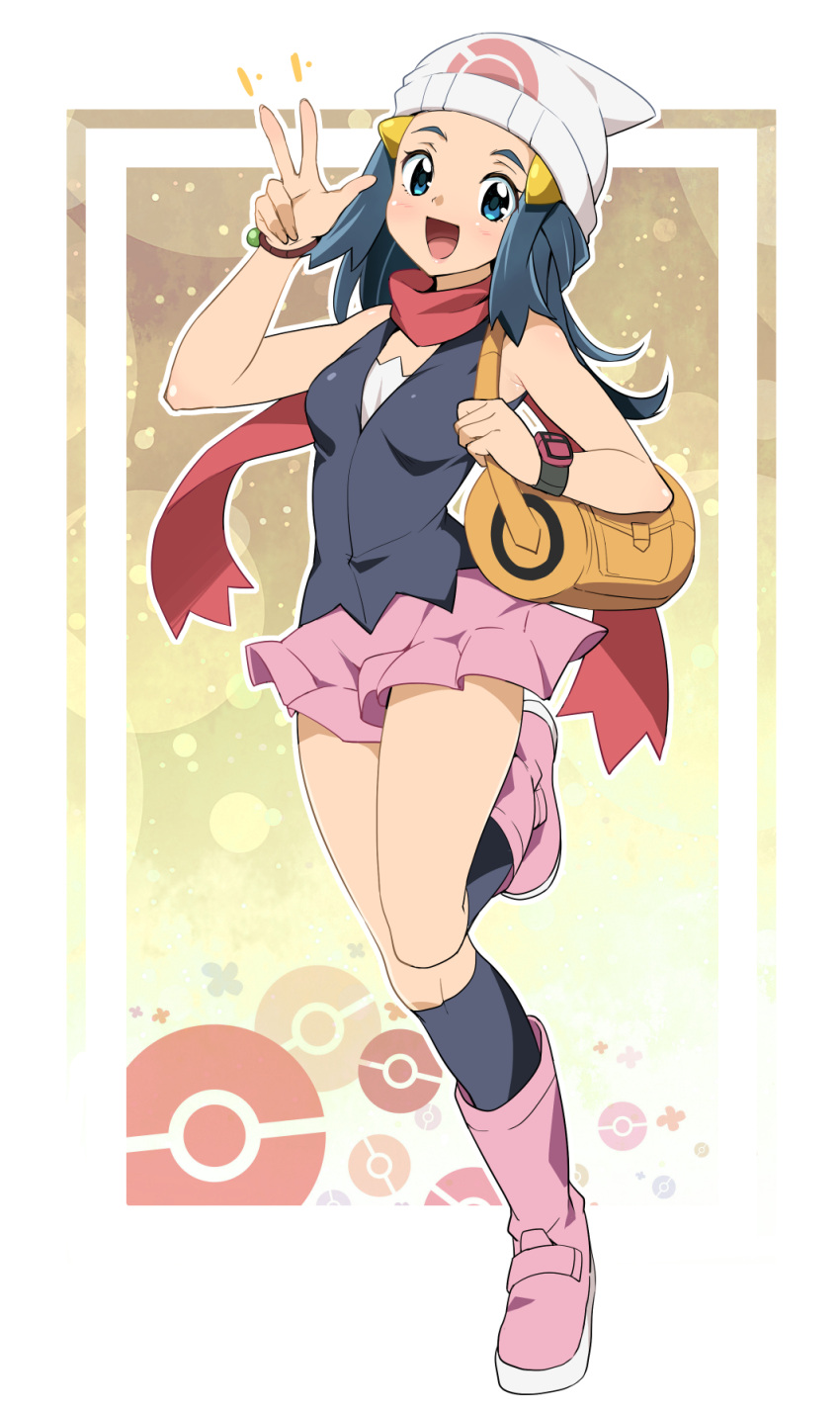 1girl, :d, bag, beanie, black_legwear, blue_eyes, blush, boots, bracelet, breasts, commentary_request, hikari_(pokemon), duffel_bag, eyelashes, full_body, hair_ornament, hairclip, hat, highres, jewelry, kneehighs, knees, long_hair, looking_at_viewer, masaroniito, miniskirt, open_mouth, orange_bag, outline, pokemon, pokemon_(game), pokemon_dppt, sidelocks, skirt, smile, solo, tongue, w, white_headwear