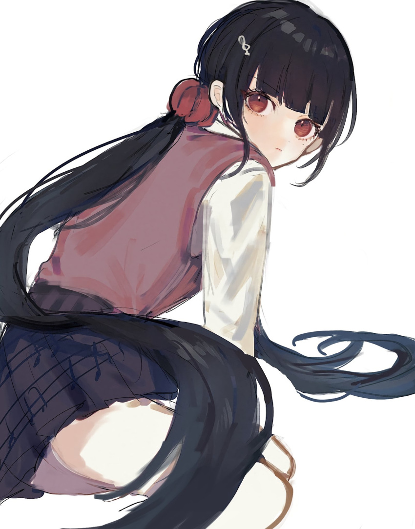 1girl, akamatsu_kaede, akamatsu_kaede_(cosplay), bangs, black_hair, blush, closed_mouth, cosplay, dangan_ronpa_(series), dangan_ronpa_v3:_killing_harmony, eyebrows_visible_through_hair, feet_out_of_frame, frown, hair_ornament, hairclip, harukawa_maki, highres, long_hair, long_sleeves, miniskirt, mole, mole_under_eye, nokoru_sora, pink_vest, red_eyes, red_scrunchie, scrunchie, shirt, skirt, smile, solo, sweater_vest, twintails, very_long_hair, vest, white_background, white_shirt