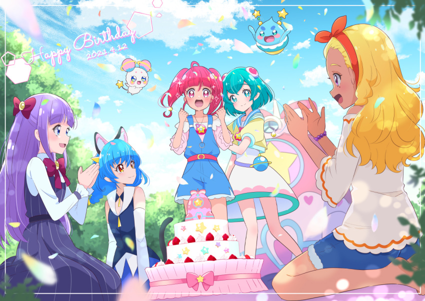 5girls, amamiya_erena, animal_ears, aqua_eyes, aqua_hair, blonde_hair, blue_cat, blue_eyes