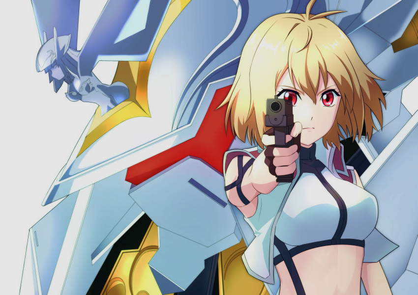 1girl, absurdres, aiming_at_viewer, angelise_ikaruga_misurugi, bangs, breasts, cropped_jacket, cross_ange
