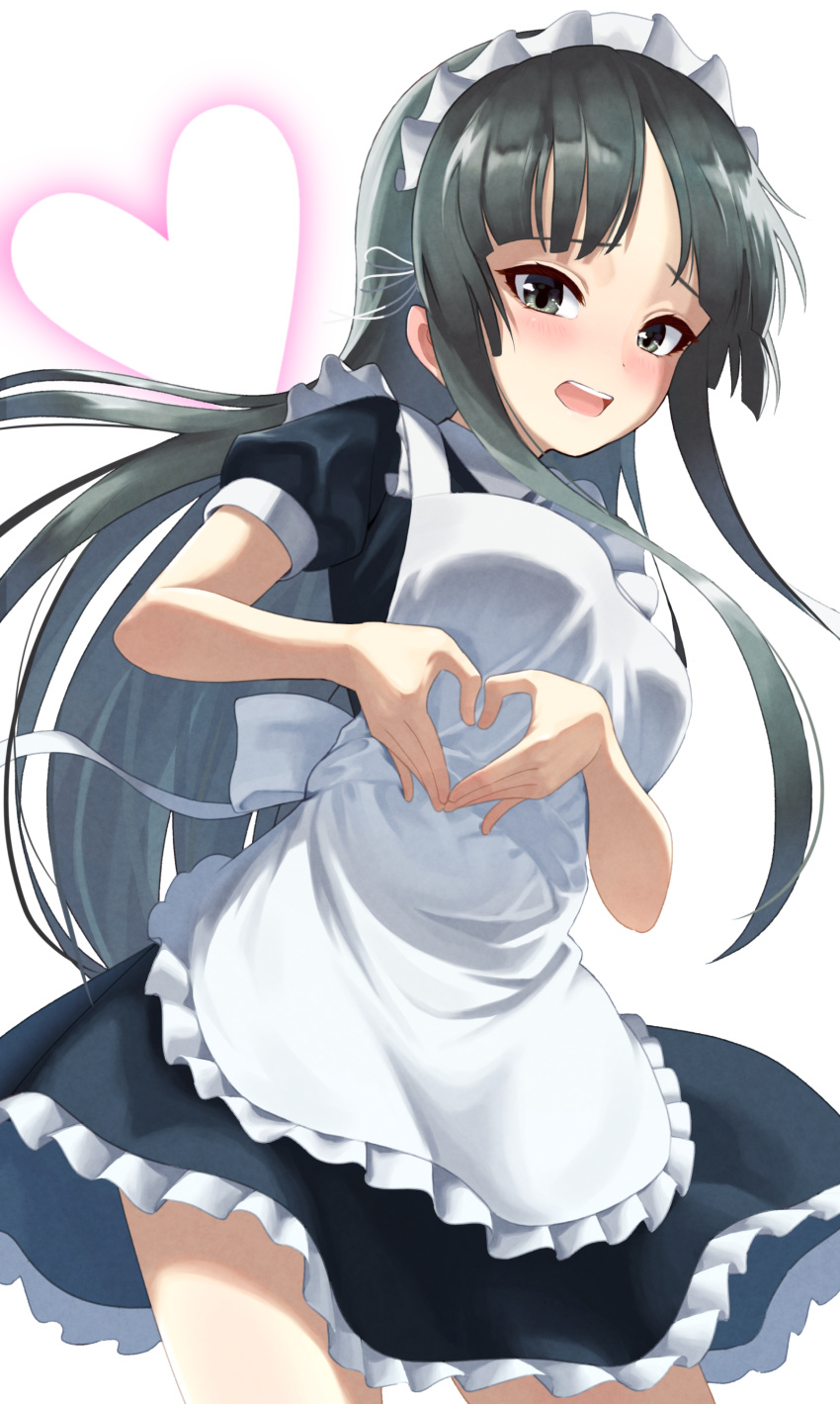 1girl, absurdres, akiyama_mio, apron, back_bow, bangs, black_dress, black_hair, blunt_bangs, blush, bow, cereal_(cerealoekaki), commentary_request, dress, embarrassed, heart, heart_hands, highres, hime_cut, k-on!, long_hair, looking_at_viewer, maid, maid_headdress, moe_moe_kyun!, open_mouth, puffy_short_sleeves, puffy_sleeves, short_sleeves, simple_background, solo, waist_bow, white_background