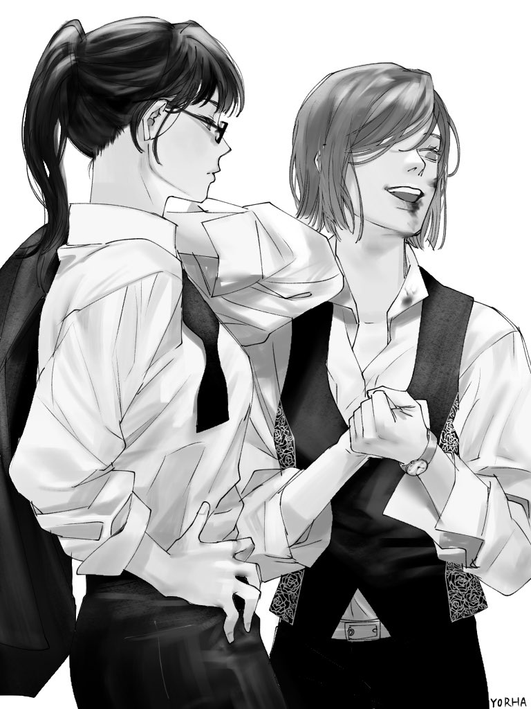 2girls, alternate_costume, blood, blood_from_mouth, blood_on_face, bloody_clothes, glasses, greyscale, hair_over_one_eye, hand_on_hip, injury, jacket, jacket_over_shoulder, jacket_removed, jujutsu_kaisen, kugisaki_nobara, monochrome, multiple_girls, ponytail, short_hair, sleeves_pushed_up, sleeves_rolled_up, watch, watch, yorha_2b2e, zenin_maki