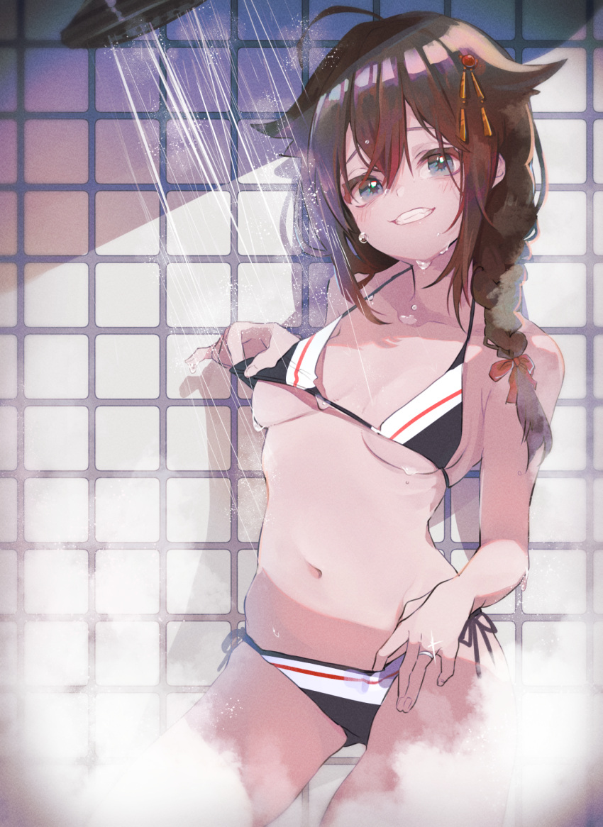 1girl, adapted_costume, ahoge, bikini, black_bikini, black_hair, blue_eyes, braid
