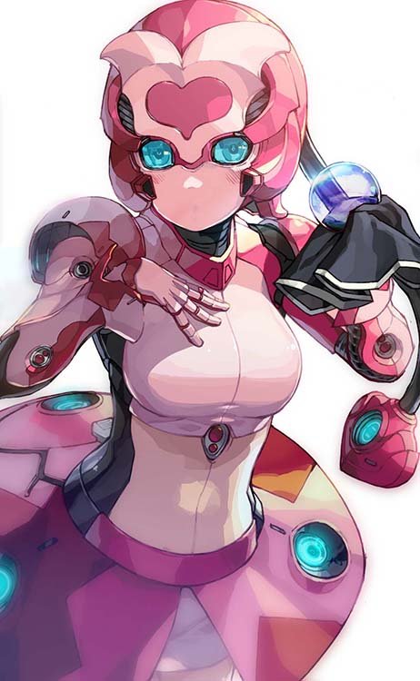 1girl, blue_eyes, breast_suppress, breasts, crystal_ball, hand_on_own_chest, holding, humanoid_robot