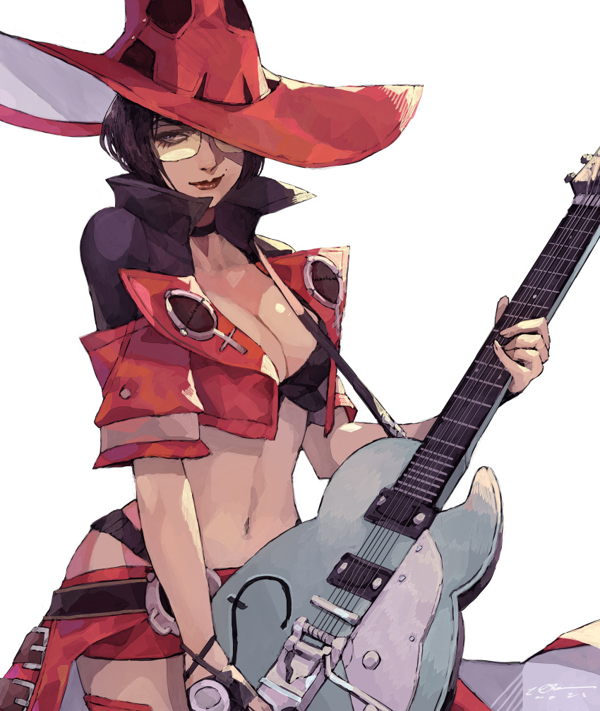 1girl, absurdres, black_hair, electric_guitar, guilty_gear, guilty_gear_strive, guitar, hat