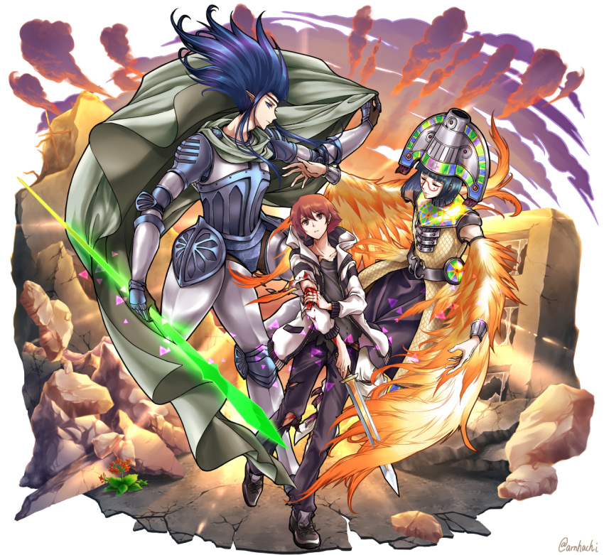 3boys, arano_hachi, armor, black_hair, blood, blue_eyes, blue_hair, bracelet