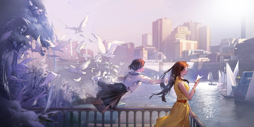 2girls, absurdres, bare_shoulders, bird, boat, bracelet, bridge, brown_hair