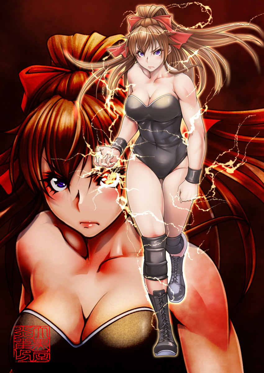 1girl, absurdres, black_background, black_leotard, boots, bow, breasts, brown_hair