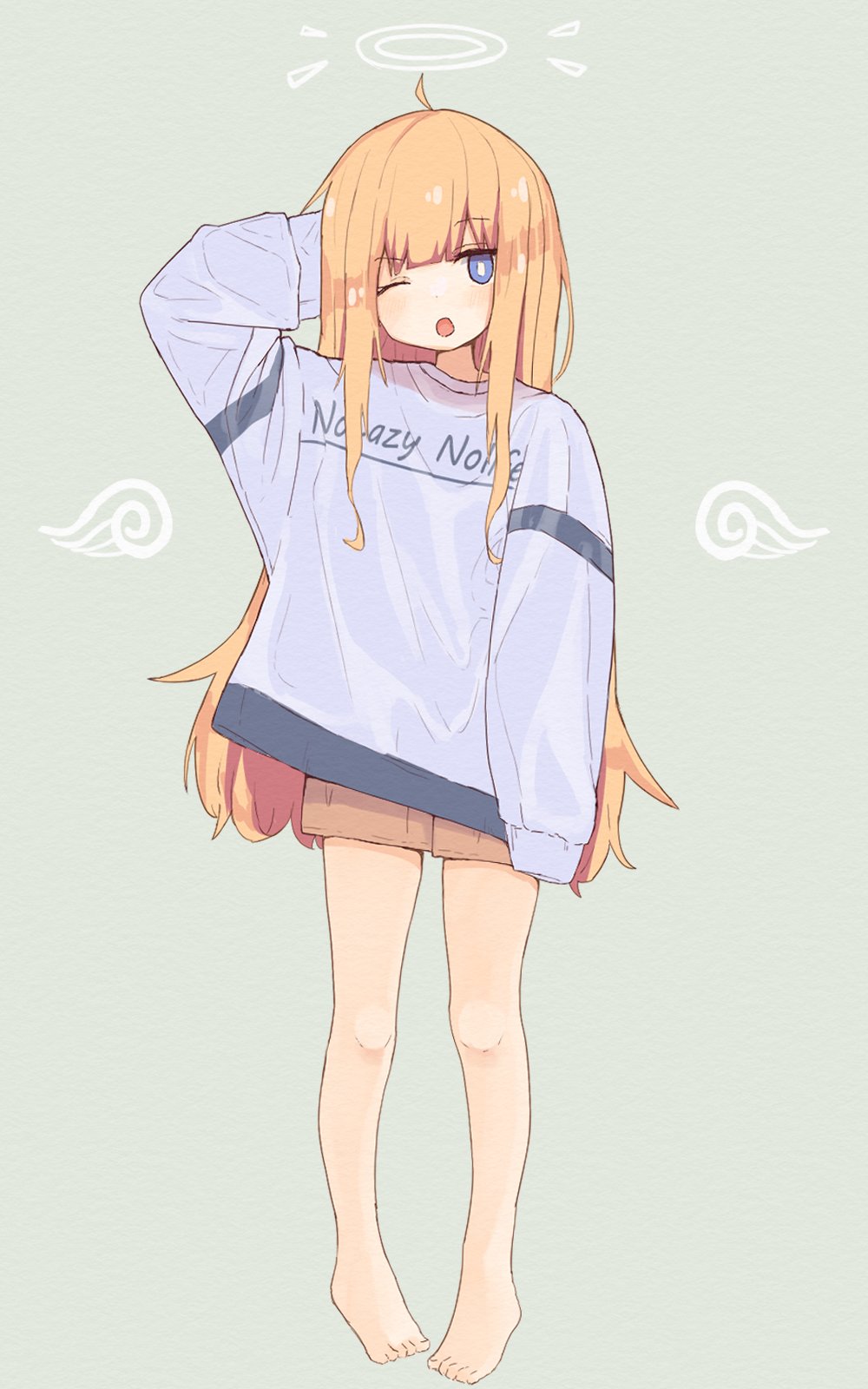 1girl, ;o, ahoge, alternate_costume, arm_up, bangs, barefoot, blonde_hair
