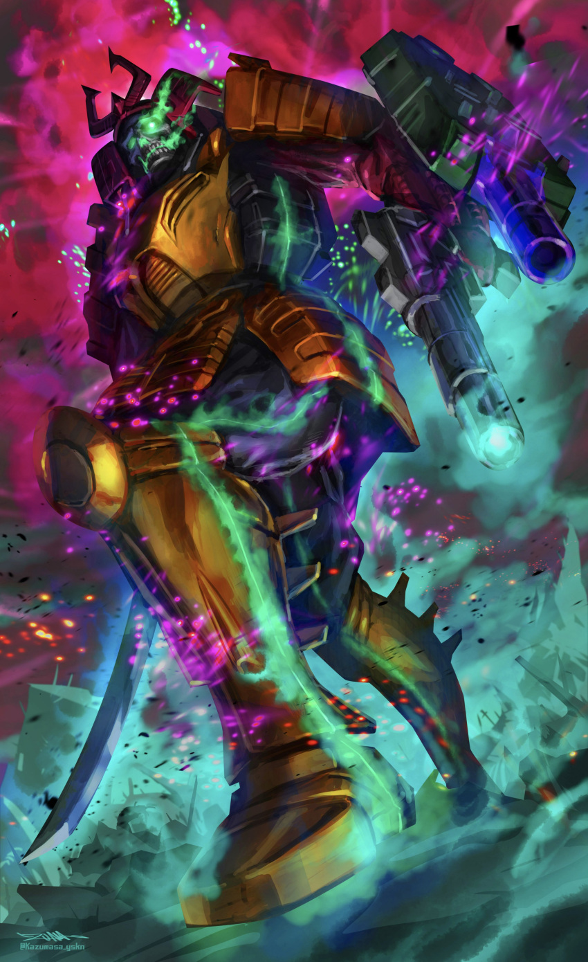1boy, absurdres, arm_cannon, bludgeon, deception, fire, glowing, glowing_eyes