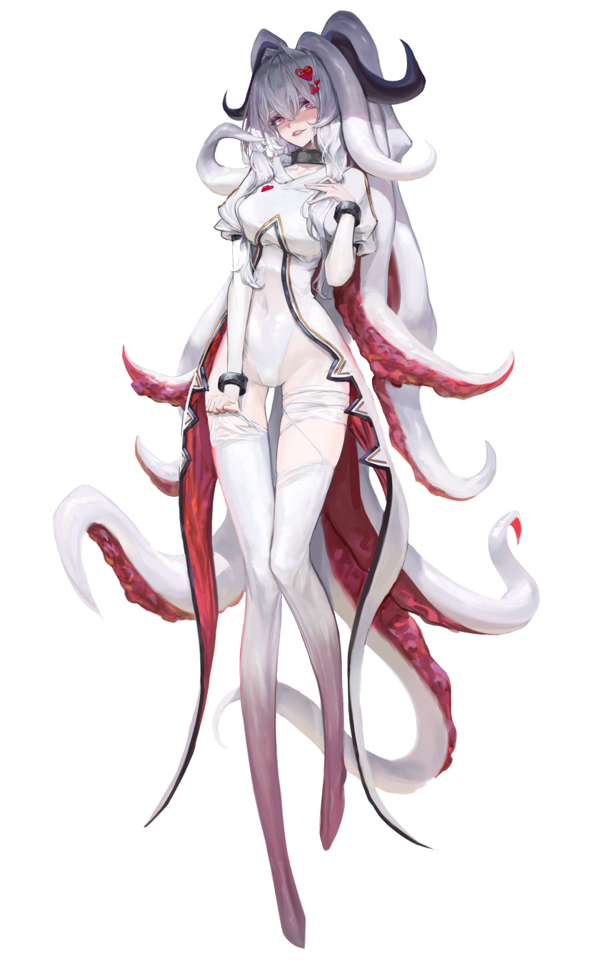 1girl, absurdres, bangs, blush, cha_neung, collarbone, comme_des_garcons, covered_navel, demon_girl, demon_horns, full_body, hair_ornament, hand_on_own_chest, heart, heart-shaped_pupils, heart_hair_ornament, highres, horns, juliet_sleeves, leotard, long_hair, long_sleeves, original, puffy_sleeves, solo, symbol-shaped_pupils, tentacle_hair, tentacles, thigh-highs, very_long_hair, white_leotard
