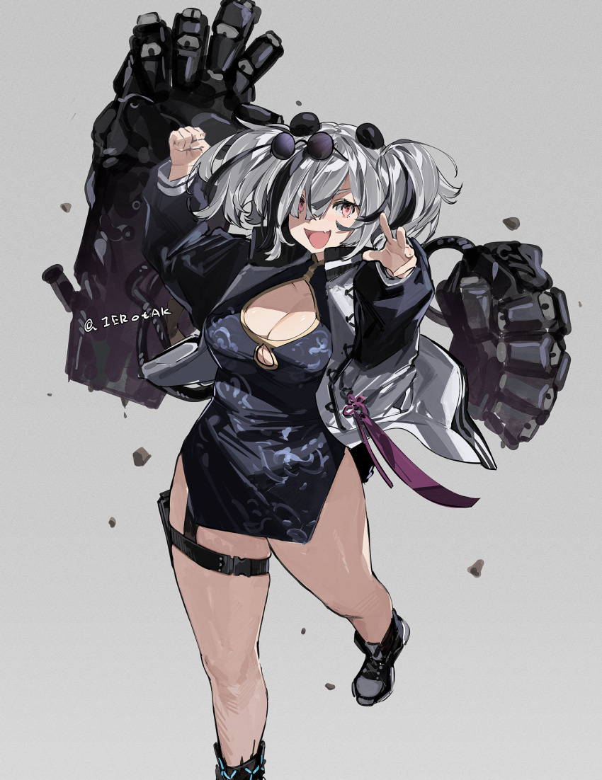 1girl, animal_ears, arknights, black_footwear, black_hair, black_jacket, blue_dress, breasts, china_dress, chinese_clothes, cleavage_cutout, clenched_hand, clothing_cutout, commentary, dress, eyewear_on_head, fang, feater_(arknights), flower_knot, full_body, grey_background, hair_between_eyes, highres, ierotak, infection_monitor_(arknights), jacket, large_breasts, letterman_jacket, looking_at_viewer, mechanical_arms, medium_hair, multicolored_hair, open_clothes, open_jacket, open_mouth, panda_ears, pink_eyes, round_eyewear, shoes, short_dress, silver_hair, simple_background, smile, solo, streaked_hair, thick_thighs, thighs, tinted_eyewear, twintails, twitter_username, two-tone_hair, two-tone_jacket, white_jacket
