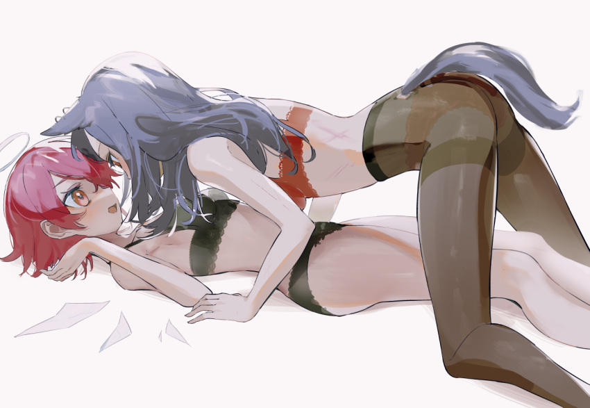 2girls, all_fours, animal_ears, arknights, ass, black_bra, black_hair, black_panties, bra, breasts, brown_legwear, exusiai_(arknights), girl_on_top, lingerie, lying, multiple_girls, on_back, open_mouth, panties, panties_under_pantyhose, pantyhose, red_bra, red_eyes, red_panties, redhead, see-through, short_hair, simple_background, small_breasts, tail, texas_(arknights), thighband_pantyhose, thighs, underwear, underwear_only, white_background, wolf_ears, wolf_girl, wolf_tail, yamamura_saki, yuri
