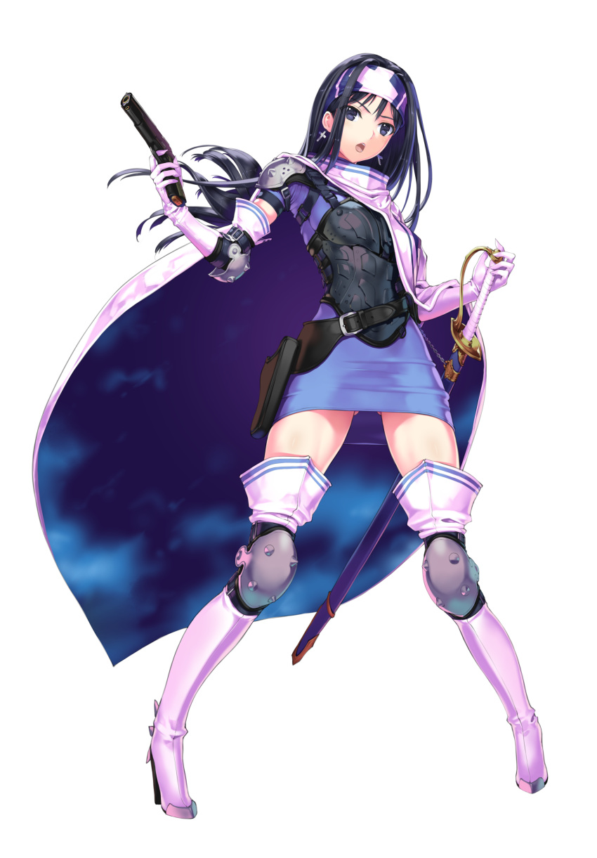 1girl, :o, absurdres, armor, ass_visible_through_thighs, belt, belt_pouch, beth_(shin_megami_tensei_ii), black_hair, blue_dress, blue_eyes, boots, breastplate, breasts, capelet, commentary_request, cross, cross_earrings, dress, earrings, elbow_gloves, elbow_pads, eyebrows_visible_through_hair, eyes_visible_through_hair, finger_on_trigger, gloves, gun, hand_on_hilt, handgun, headband, high_heels, highres, holster, jewelry, knee_pads, lh_2c0, long_hair, open_mouth, pigeon-toed, pouch, sheath, sheathed, shin_megami_tensei, shin_megami_tensei_ii, shoulder_armor, small_breasts, sword, thigh-highs, thigh_boots, upper_teeth, weapon, white_background