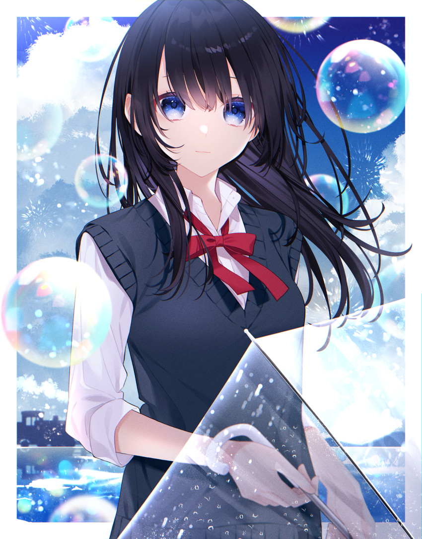 1girl, bangs, black_hair, black_sweater_vest, blue_eyes, blue_sky, border, bubble
