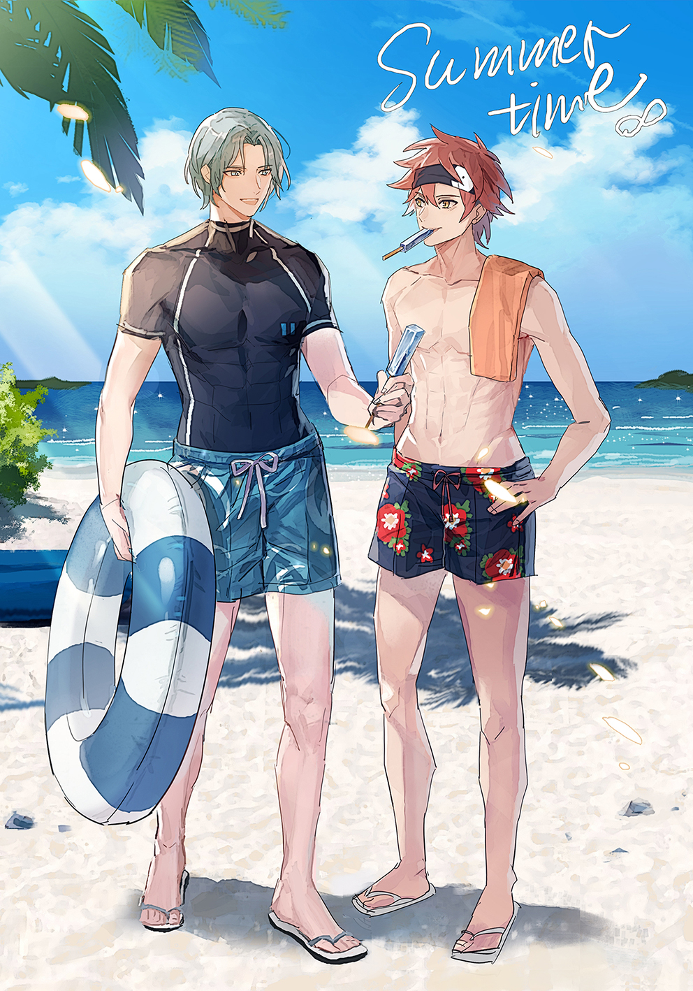 2boys, beach, bko123, black_headband, blue_sky, brown_eyes, brown_hair, clouds