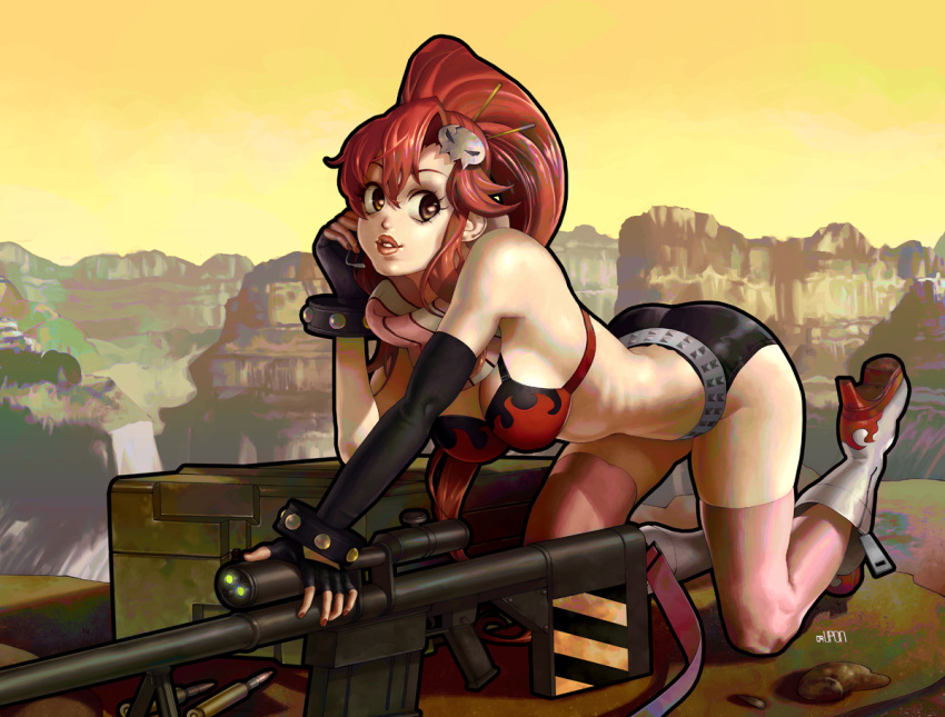 bikini_top, breasts, cleavage, fingerless_gloves, gloves, gun, long_hair, pink_thighhighs