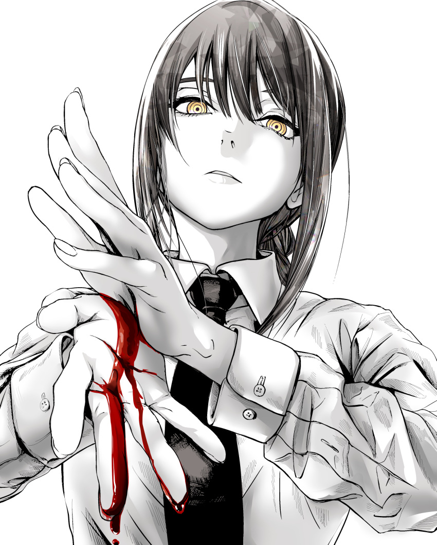1girl, akegata_tobari, blood, braid, braided_ponytail, chainsaw_man, closed_mouth, collared_shirt