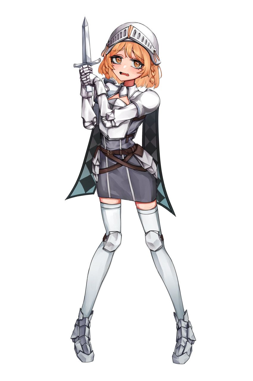1girl, absurdres, armor, belt, breastplate, dagger, eyebrows_visible_through_hair, fang