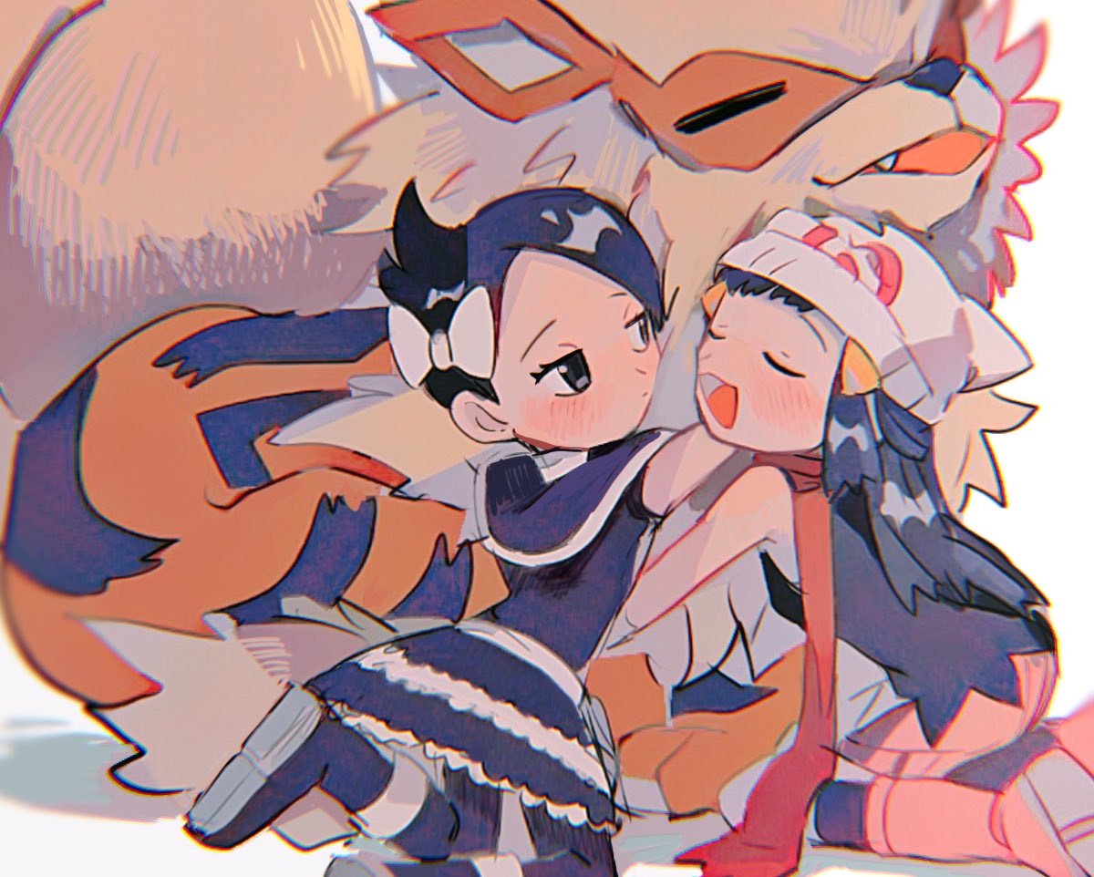 2girls, arcanine, bangs, bare_arms, beanie, black_hair, black_legwear, blush