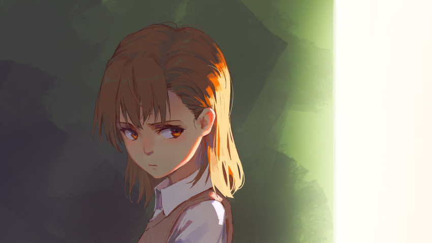 1girl, absurdres, backlighting, bangs, brown_eyes, brown_hair, brown_sweater_vest, dress_shirt
