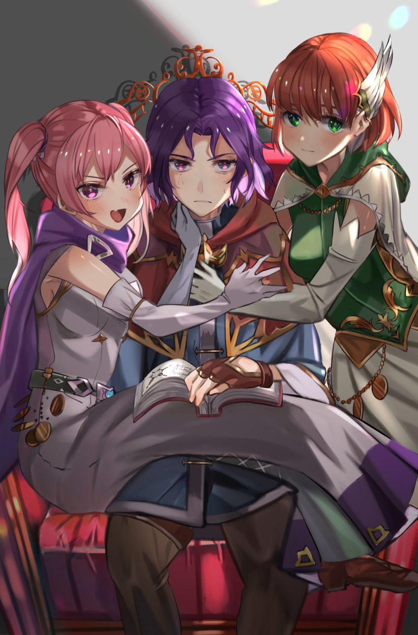 1boy, 2girls, bags_under_eyes, bare_shoulders, chil0107, dress, elbow_gloves, erk_(fire_emblem)