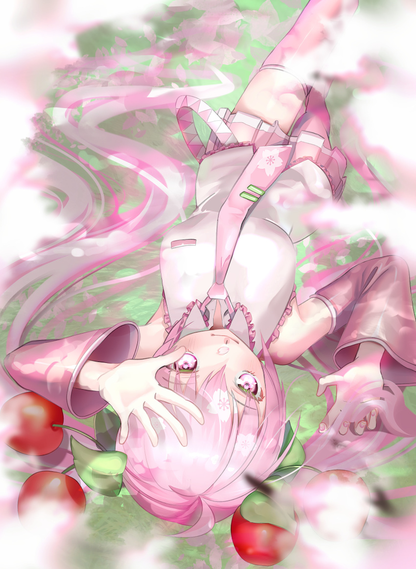 1girl, absurdres, bare_shoulders, blurry, blurry_foreground, cherry_blossom_print, cherry_hair_ornament, detached_sleeves