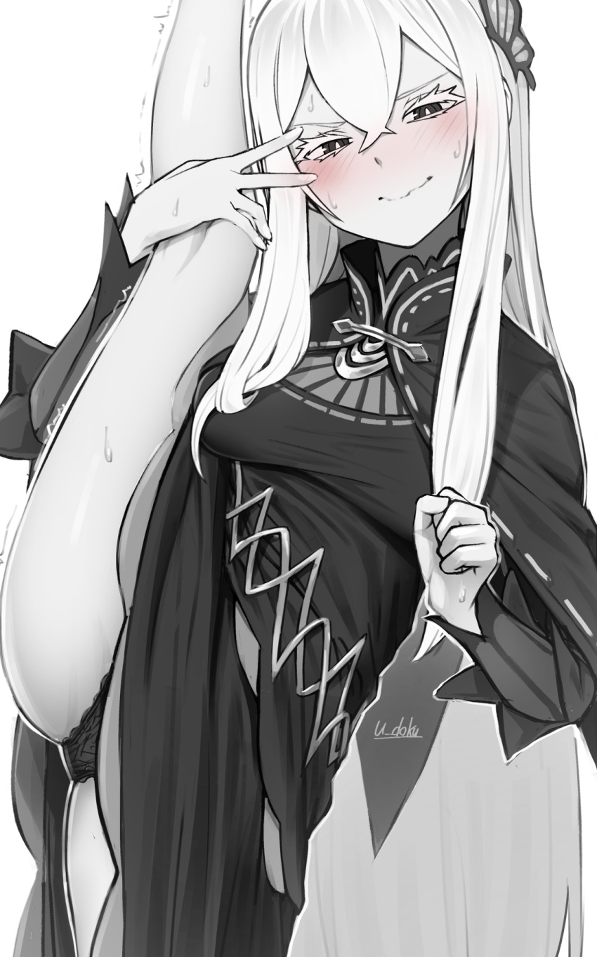 1girl, artist_name, black_dress, black_eyes, black_panties, breasts, butterfly_hair_ornament, closed_mouth