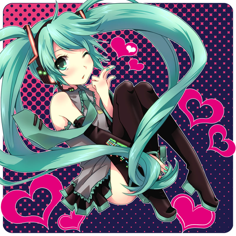 aqua_eyes, aqua_hair, ate, ateru, black_legwear, boots, detached_sleeves, hatsune_miku, headphones, headset, heart, kiss, legs, long_hair, looking_at_viewer, nail_polish, necktie, skirt, solo, thigh-highs, thigh_boots, thighhighs, twintails, very_long_hair, vocaloid, wink, zettai_ryouiki