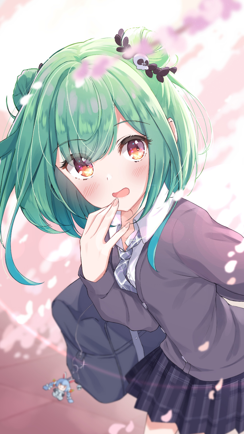 1girl, arm_behind_back, bag, bangs, blurry, blush, breasts, buttons